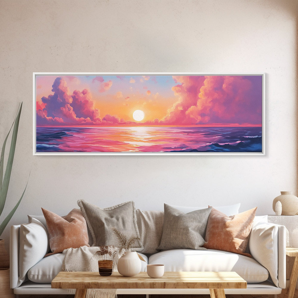 Pink Sunset, Romantic Ocean Painting, Vibrant Seascape Wall Art, Coastal Home Decor, Canvas Print, Dreamy Sky, Bedroom Artwork