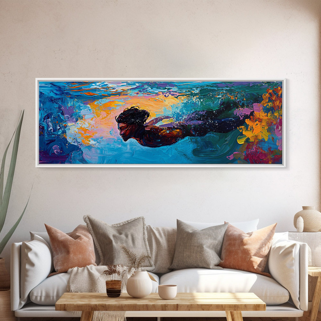 Underwater, Swimmer, Colorful, Abstract, Canvas Print, Vibrant Art, Living Room Decor, Ocean Wall Art, Modern Painting