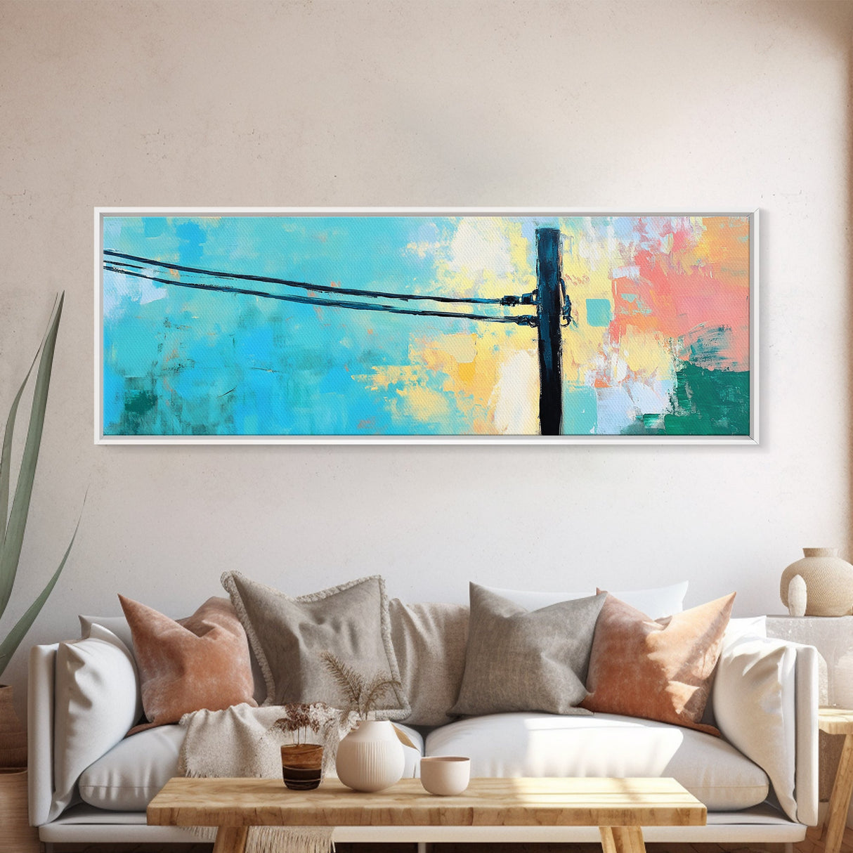 Powerline, Sky, Abstract, Pastel, Framed Canvas Print, Modern Wall Art, Minimalist Art, Living Room Decor, Urban Aesthetic