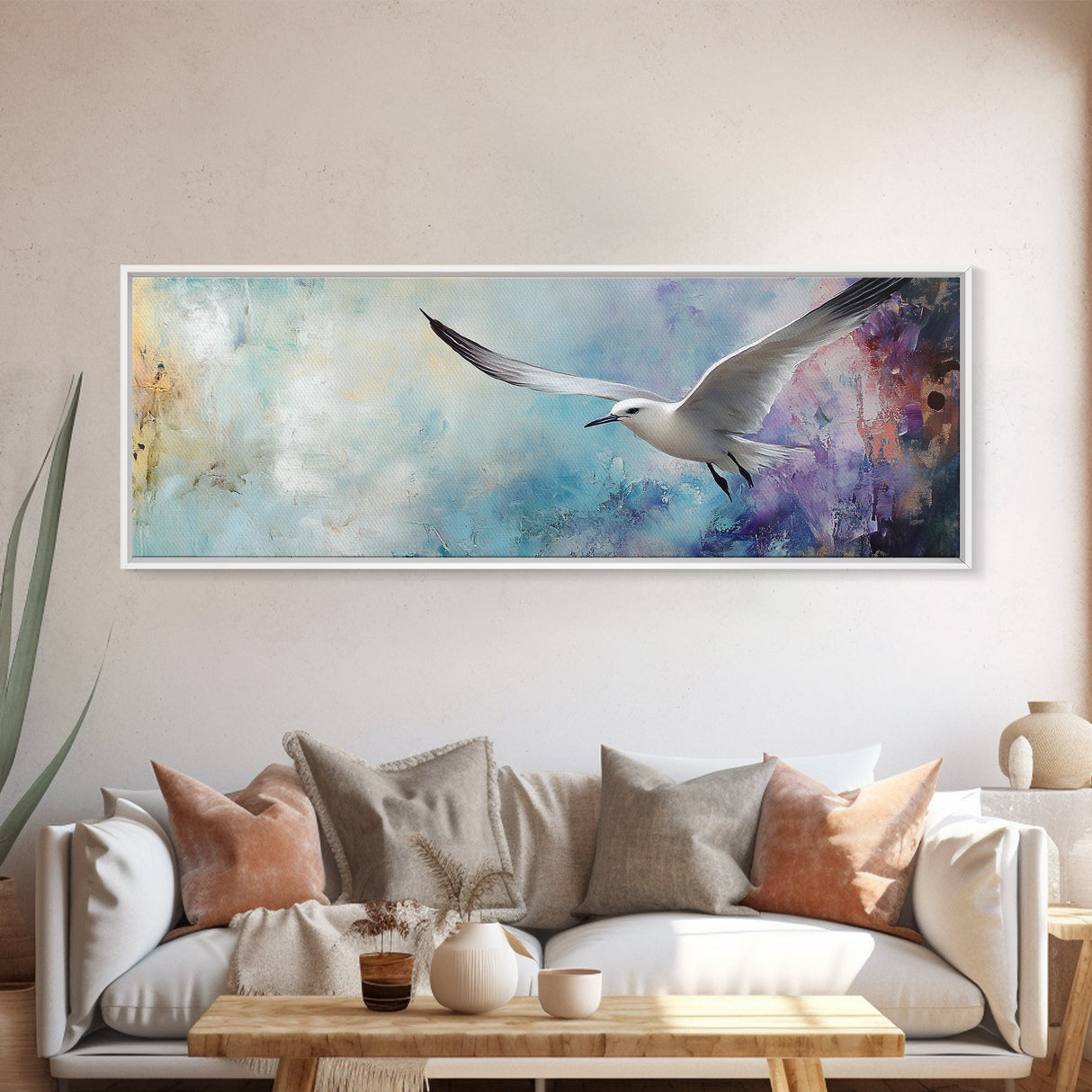 Seagull, Flight, Sky, Freedom, Canvas Print, Coastal Bird Art, Minimalist Nature Painting, Serene Wall Art, Neutral Home Decor