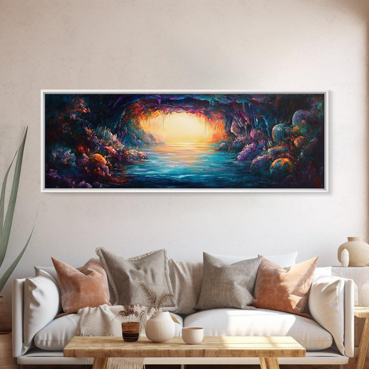 Hidden Cove, Cave Water Reflection, Mystical Wall Art, Framed Canvas Print, Fantasy Landscape, Dreamy Nature Scene, Moody Art, Deep Colors
