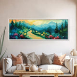 Forest Trail, Scenic Landscape Art, Green Nature Painting, Serene Hiking Scene, Cabin Wall Decor, Home Print, Framed Canvas Print