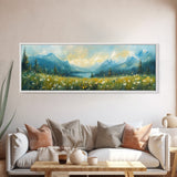 Mountain Lake Meadow Painting, Serene Nature Landscape, Cozy Cabin Art, Blue and Green Rustic Bedroom Wall Decor, Framed Canvas Print