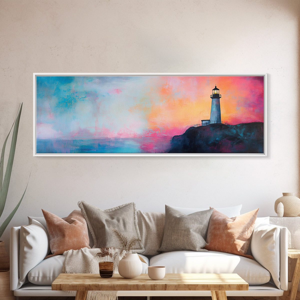 Lighthouse Sunset Canvas Print Nautical Wall Art, Vibrant Coastal Painting, Pink and Blue Seascape, Bedroom Decor