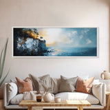 Misty Ocean Cliffs Canvas Print Moody Coastal Wall Art, Dark Blue Seascape Painting, Foggy Landscape, Contemporary Office Decor