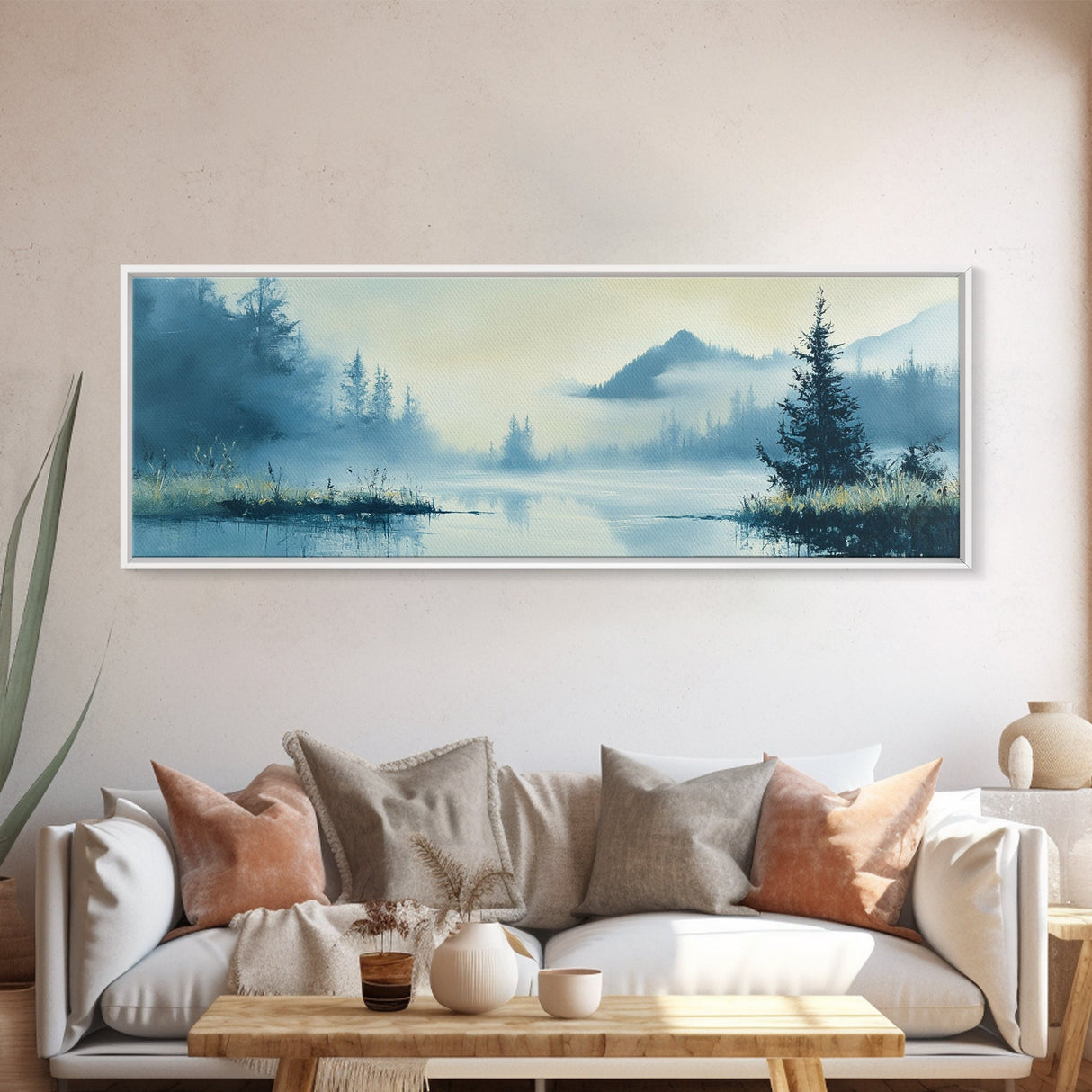 Foggy Mountain Lake Framed Canvas Print Tranquil Nature Wall Art, Misty Forest Landscape, Cool Blue Artwork, Cabin or Office Decor