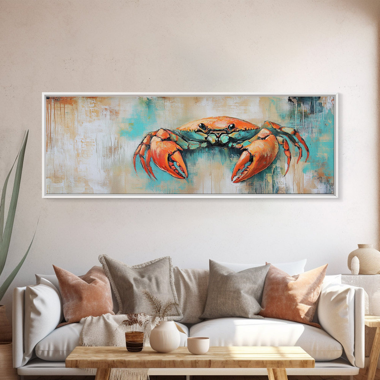 Rustic Crab Art Framed Canvas Print Coastal Nautical Wall Decor, Beach House Kitchen Art, Textured Ocean Painting, Living Room Accent
