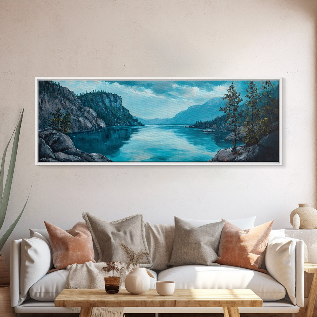 Tranquil Lake Landscape Wall Art, Blue Nature Painting, Rustic Lodge Decor, Large Wide Artwork, Living Room Wall Art