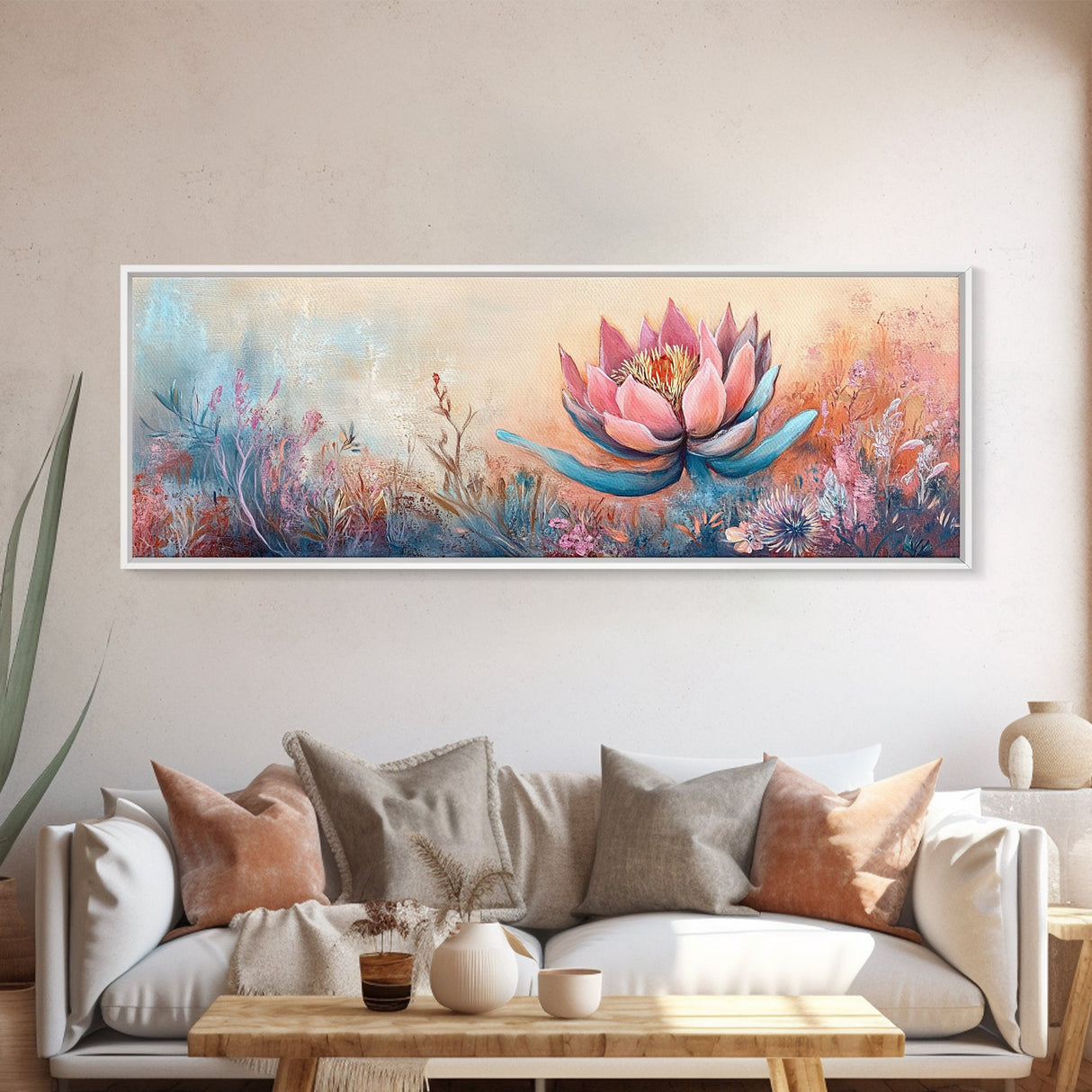 Print Blooming Lotus Flower Wall Art, Boho Floral Artwork, Feminine Botanical Decor, Bedroom Art, Pink and Blue Painting