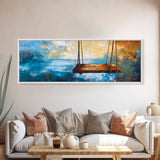 Rustic Wooden Swing by the Ocean, Serene Beach Wall Art, Tranquil Coastal Decor, Dreamy Blue and Gold Painting, Bedroom Artwork