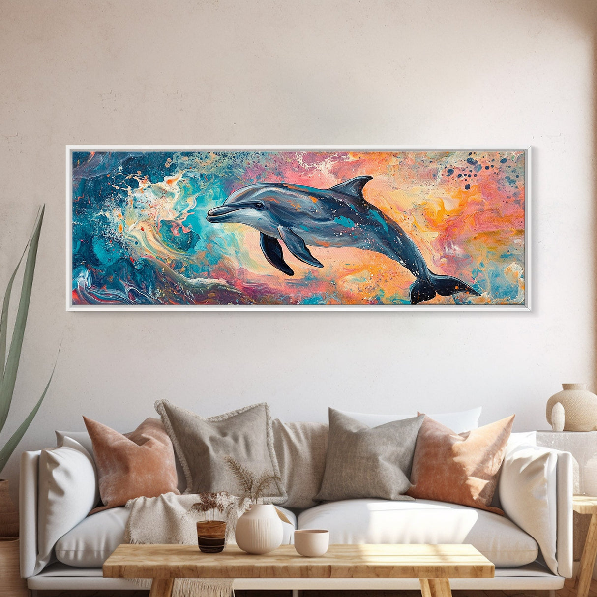 Playful Dolphin in Ocean Waves, Colorful Abstract Sea Life Art, Vibrant Marine Animal Painting, Coastal Home Decor