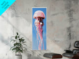 Jellyfish Painting, Ocean Life Wall Art, Coastal Minimalist Decor, Beach House Artwork, Nautical Blue, Framed Canvas Print
