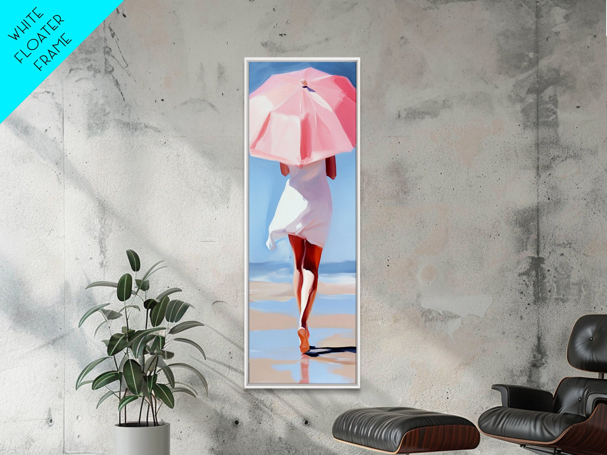 Woman with Umbrella, Summer Vibes, Framed Canvas Print, Coastal Minimalist, Soft Pastel Art, Relaxing Wall Art, Living Room Decor