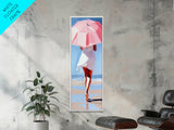 Woman with Umbrella, Summer Vibes, Framed Canvas Print, Coastal Minimalist, Soft Pastel Art, Relaxing Wall Art, Living Room Decor