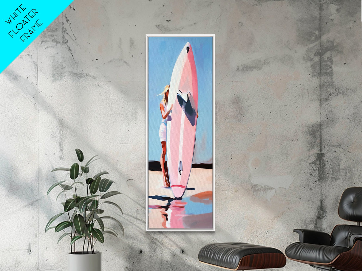 Surfboard Girl, Summer Beach, Coastal Aesthetic, Canvas Print, Boho Wall Art, Minimalist Painting, Living Room Decor, Gift, Pastel
