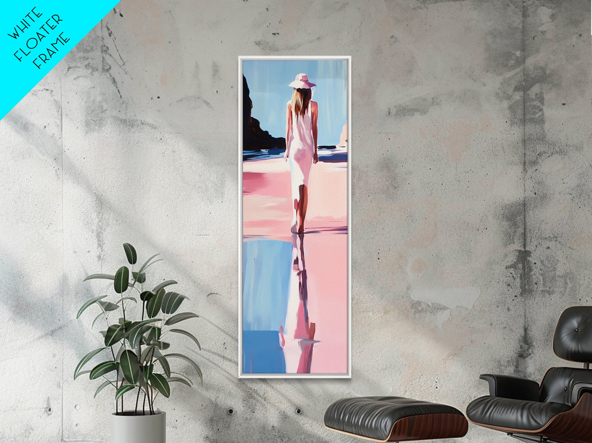 Woman in White, Beach Walk, Elegant Minimalist Art, Framed Canvas Print, Feminine Aesthetic, Living Room Art, Pastel Color Palette