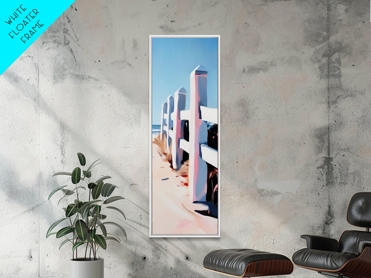 White Fence, Beach House Wall Art, Coastal Decor, Ocean Landscape, Framed Canvas Print, Nautical Aesthetic, Minimalist Art