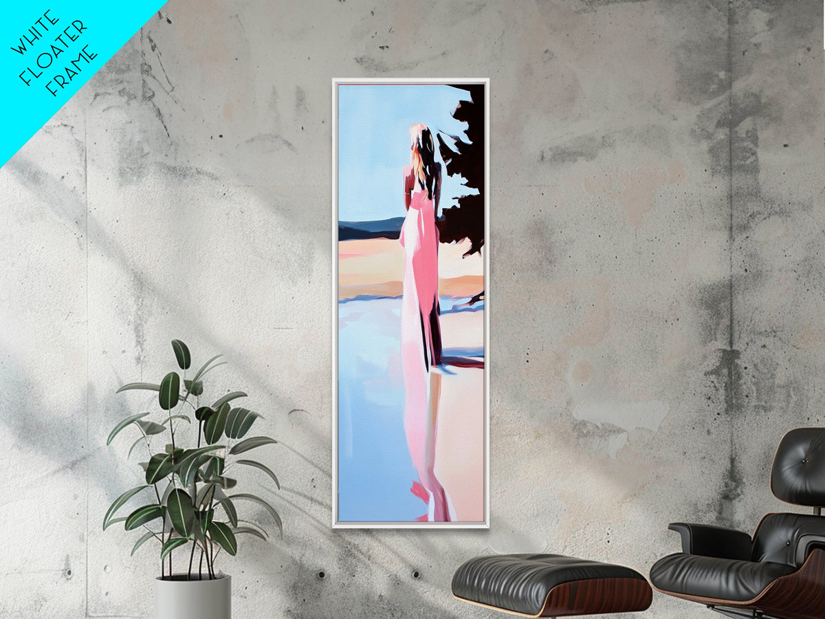 Tranquil Woman, Nature Reflection, Soft Pastels, Serene Landscape, Framed Canvas Print, Minimalist Art, Peaceful Home Decor