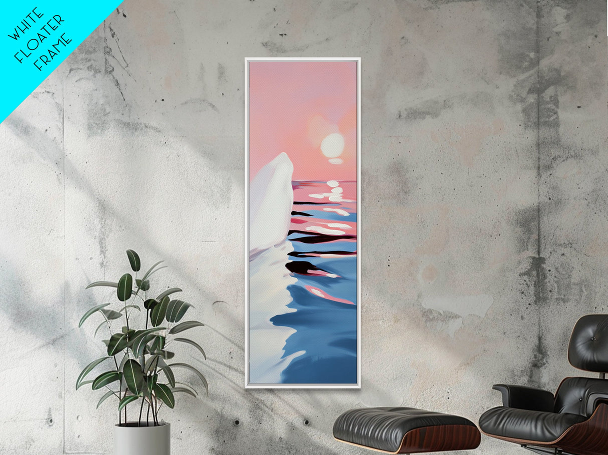Sunset Iceberg, Arctic Landscape, Dreamy Ocean Art, Contemporary Painting, Pink Blue Decor, Bedroom Framed Canvas Print, Minimal Wall Art
