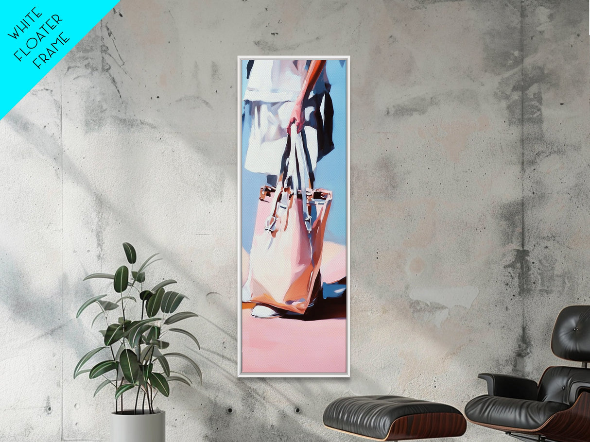 Chic Tote Bag, Fashion Illustration, Feminine Art, Pastel Minimalist Art, Modern Wall Decor, Stylish Bedroom, Framed Canvas Print