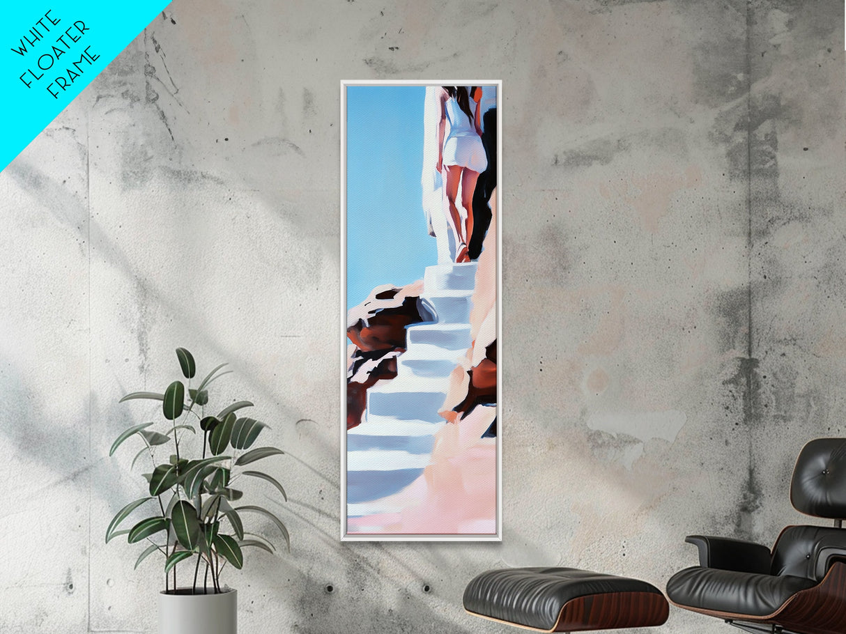 Cliffside Beauty, White Dress, Tranquil Escape, Canvas Print, Modern Wall Art, Boho Beach Decor, Bedroom Wall Art, Minimalist Coastal
