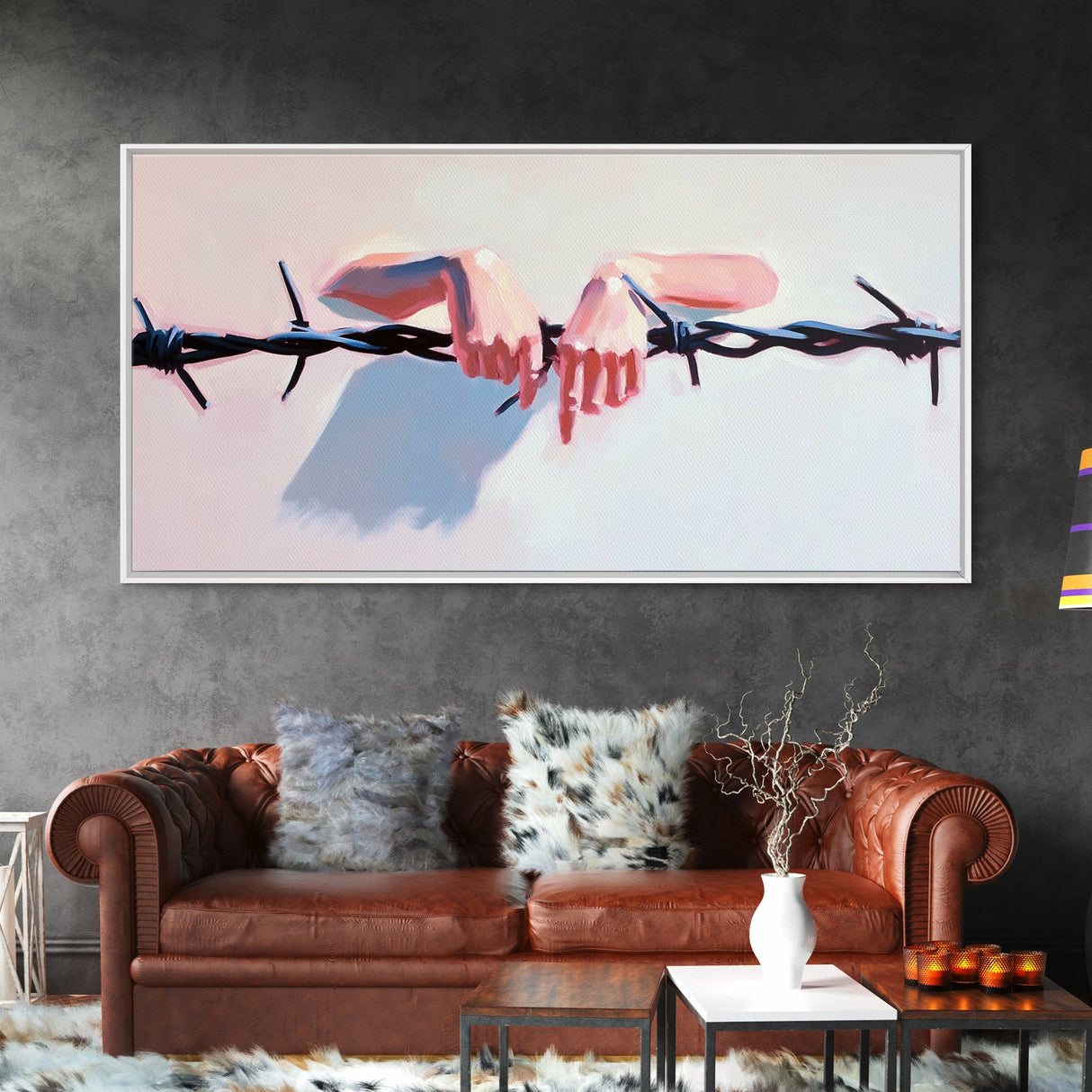 Hands on Barbed Wire, Surreal Art, Emotional Aesthetic, Modern Symbolism, Thought-Provoking Decor, Contemporary Wall Art, Canvas Print
