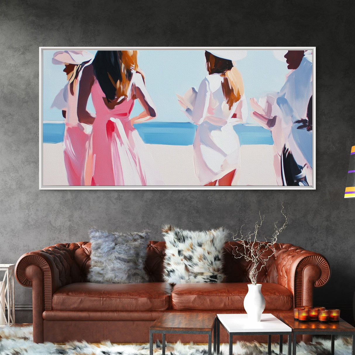 Beach Wedding Art, Elegant Women Painting, Soft Pastel Coastal Decor, Feminine Ocean Scene, Chic Minimalist Aesthetic, Canvas Print