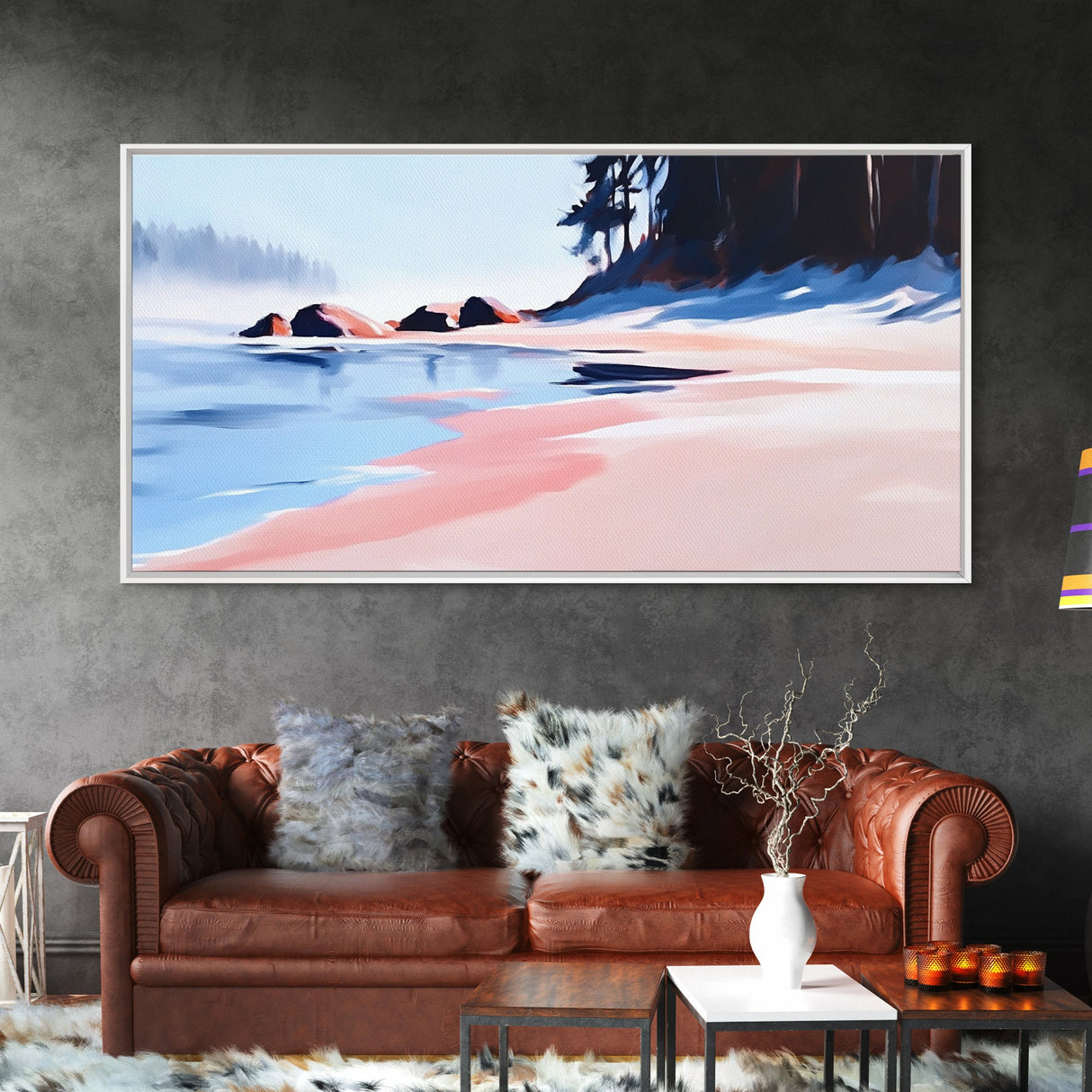 Misty Beach, Tranquil Ocean Scene, Soft Coastal Aesthetic, Framed Canvas Print, Minimalist Seascape, Relaxing Home Wall Decor