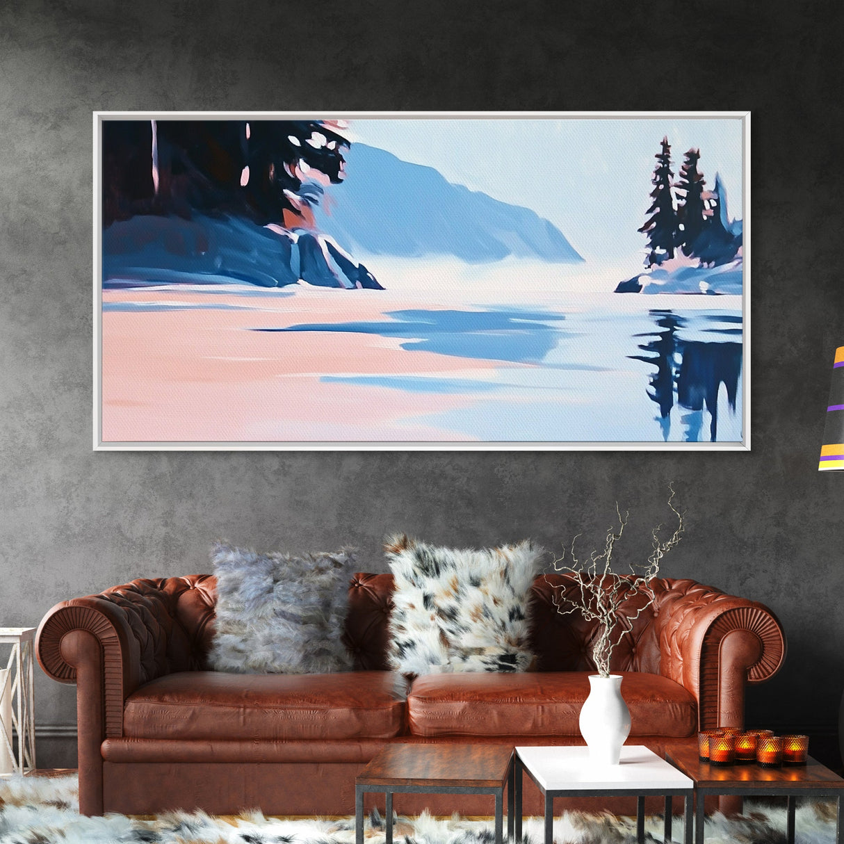 Mountain Lake, Peaceful Nature Art, Minimalist Alpine Landscape, Framed Canvas Print, Cabin Wall Decor, Calm Winter Aesthetic.