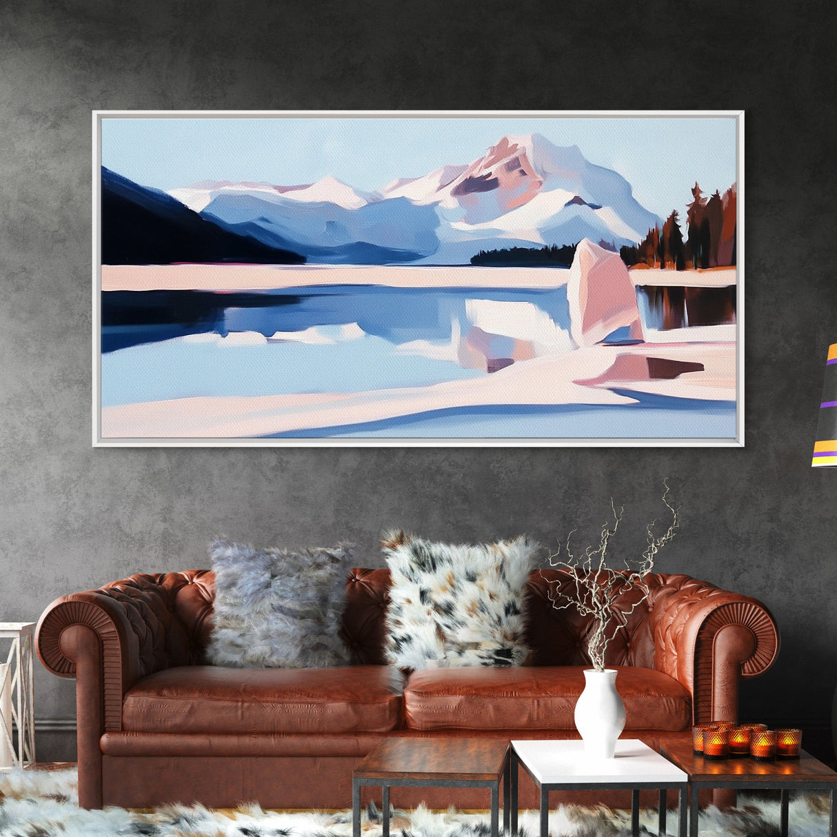 Mountain Reflection, Snowy Lake, Framed Canvas Print, Nature Wall Art, Minimalist Landscape, Living Room Decor, Blue and White Art