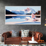 Mountain Reflection, Snowy Lake, Framed Canvas Print, Nature Wall Art, Minimalist Landscape, Living Room Decor, Blue and White Art