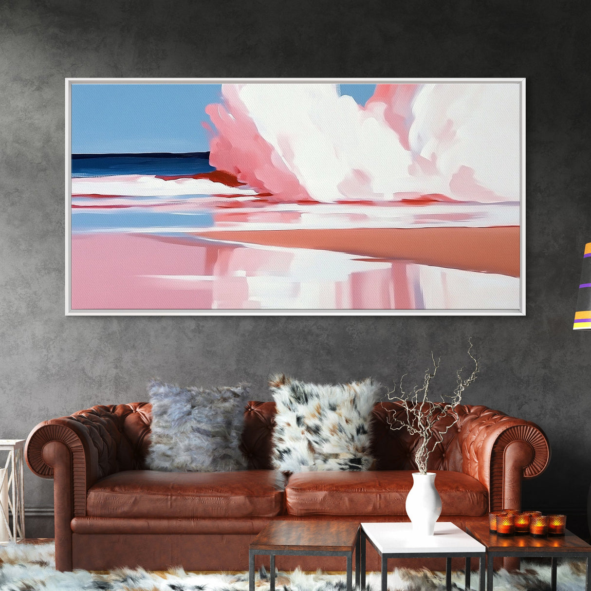 Ocean Wave, Pink Surf, Beach Reflection, Framed Canvas Print, Coastal Wall Art, Modern Minimalist Decor, Living Room Wall Art, Pastel Tones