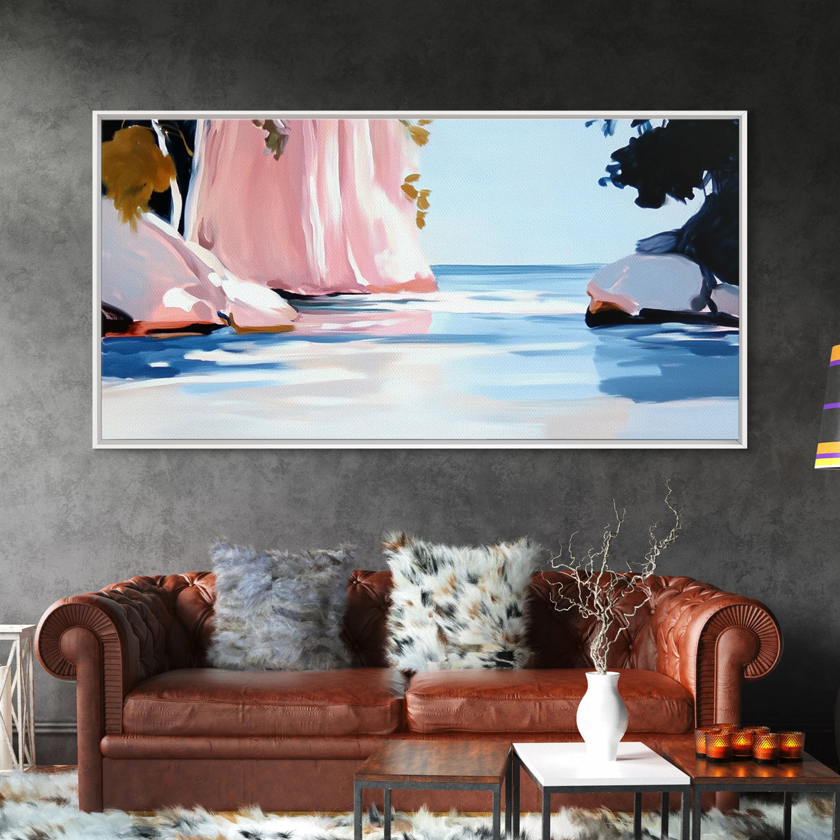 Pink Waterfall, Abstract Landscape, Minimalist Art, Coastal Wall Decor, Living Room Art, Framed Canvas Print, Nature-Inspired Home Art