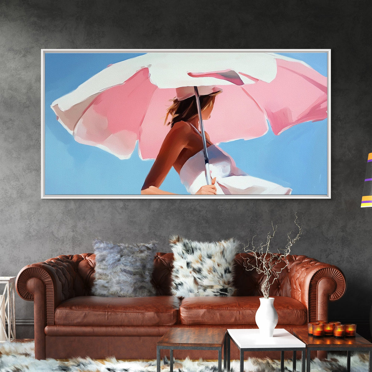 Pink Umbrella, Summer Vibes, Coastal Aesthetic, Modern Boho Art, Vibrant Pastel Decor, Bedroom Wall Art, Framed Canvas Print