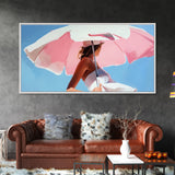 Pink Umbrella, Summer Vibes, Coastal Aesthetic, Modern Boho Art, Vibrant Pastel Decor, Bedroom Wall Art, Framed Canvas Print