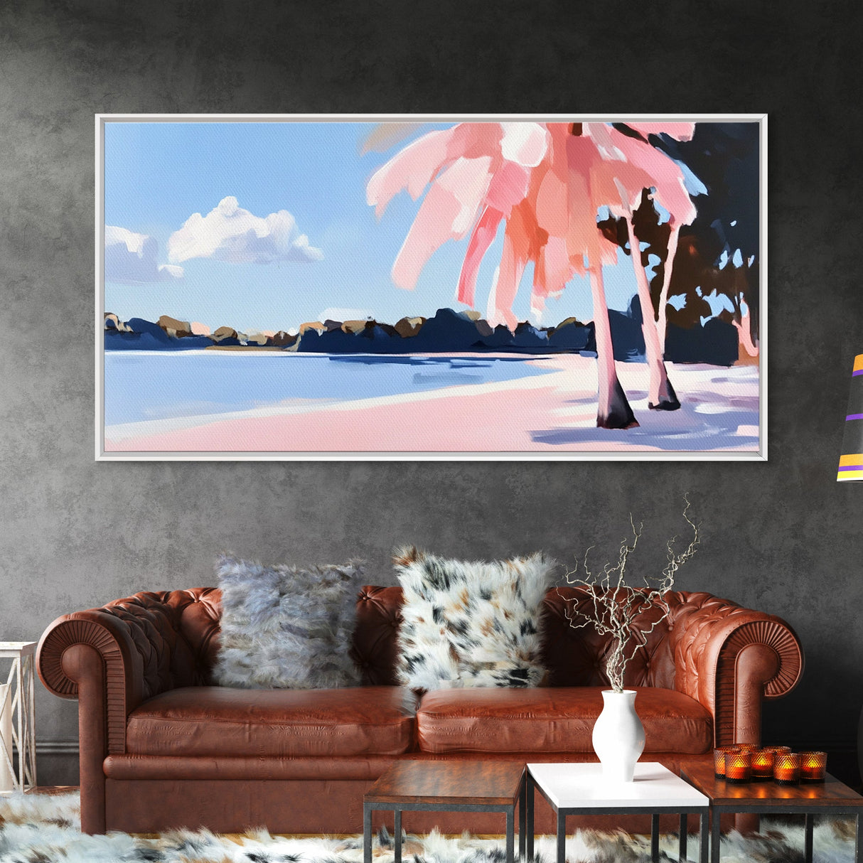 Tropical Beach, Palm Trees, Ocean View, Canvas Print, Coastal Home Decor, Summer Landscape, Living Room Art, Minimalist Nature Painting