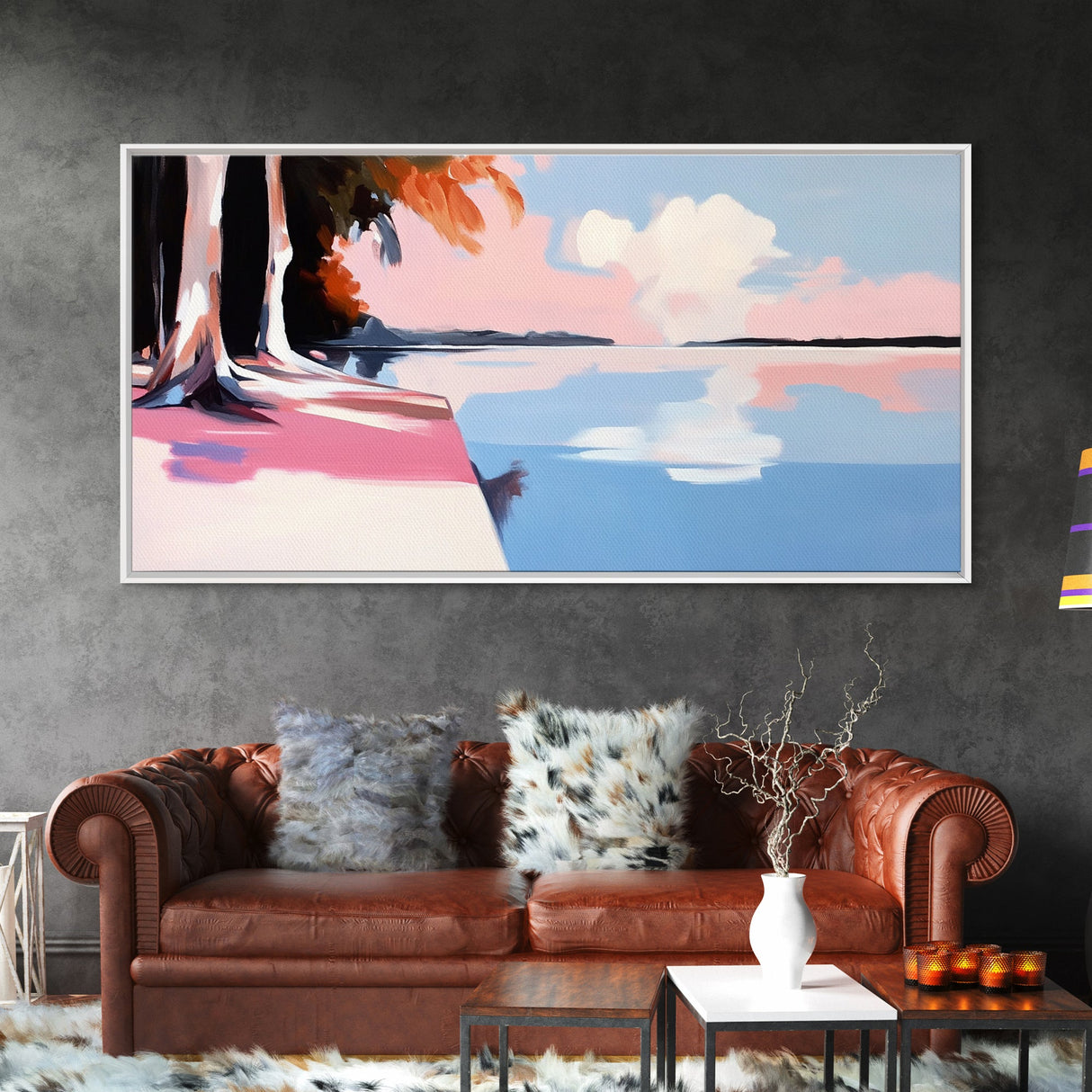 Serene Lake View, Tranquil Waters, Sunset Reflection, Nature Wall Art, Framed Canvas Print, Living Room Decor, Minimalist Landscape