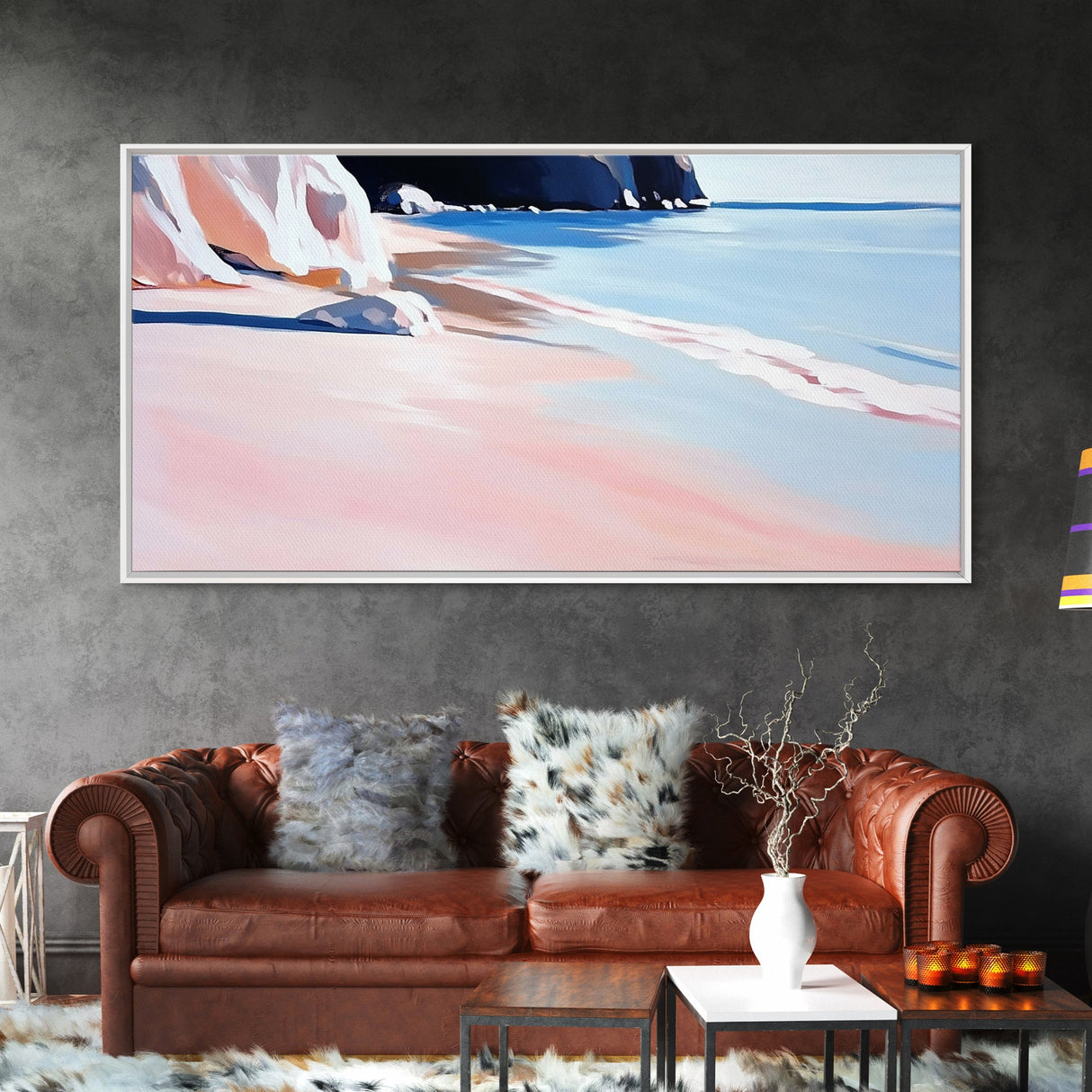 Sandy Beach, Ocean Shore, Soft Pastels, Seaside Tranquility, Framed Canvas Print, Coastal Wall Art, Bathroom Decor, Nautical Painting