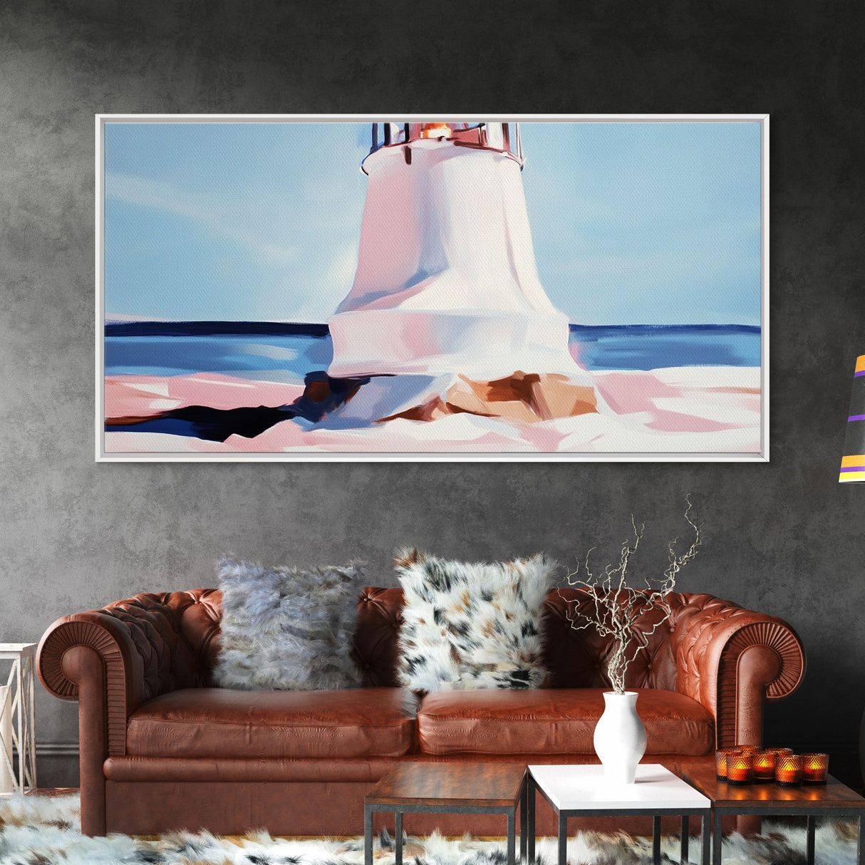 Lighthouse by the Sea, Nautical Wall Art, Ocean Lighthouse Print, Coastal Home Decor, Seaside Landscape, Bedroom Framed Canvas Print