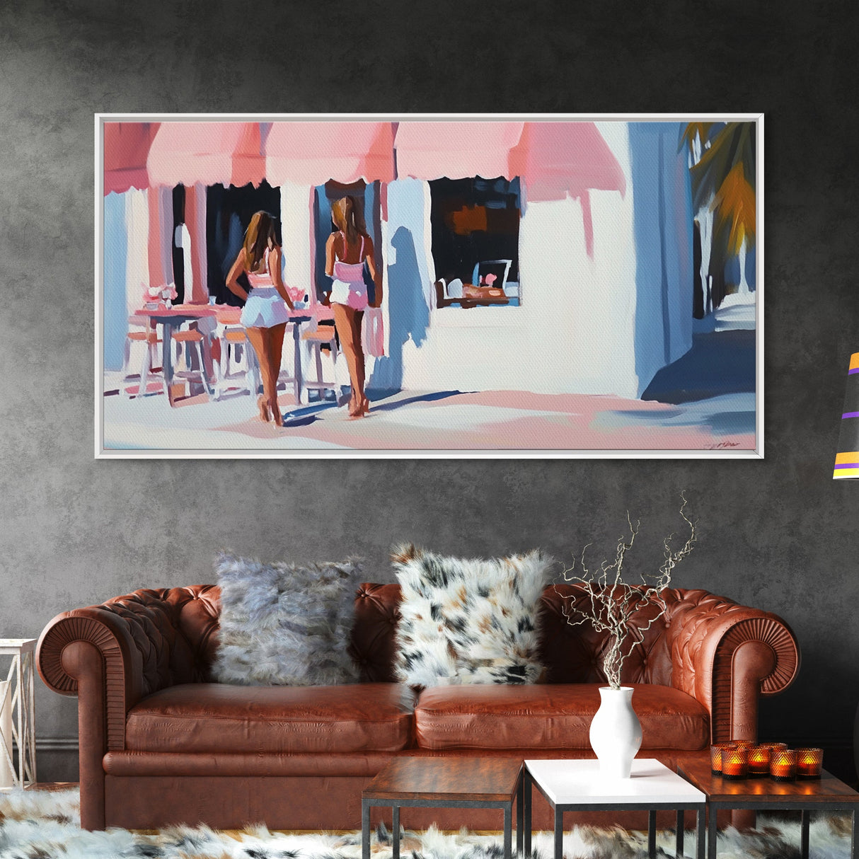 Café Scene, Pink Aesthetic, Coastal Lifestyle, Boho Summer Art, Chic Minimalist Decor, Home Wall Art, Living Room Art, Framed Canvas Print