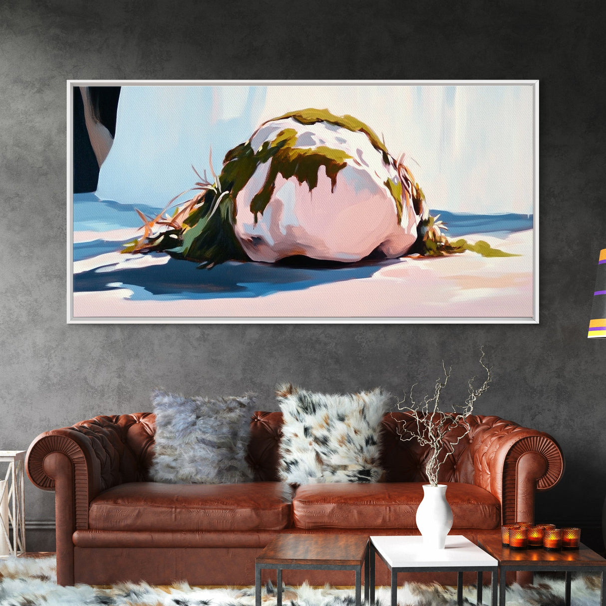 Mossy Rock on Beach, Nature Coastal Art, Earthy Seaside Print, Tranquil Zen Decor, Organic Minimalist Aesthetic, Living Room Canvas Print