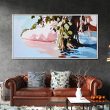 Serenity Reflections, Nature, Framed Canvas Print, Tranquil lake scene, soft pastels, modern landscape, minimalist decor, bedroom wall art