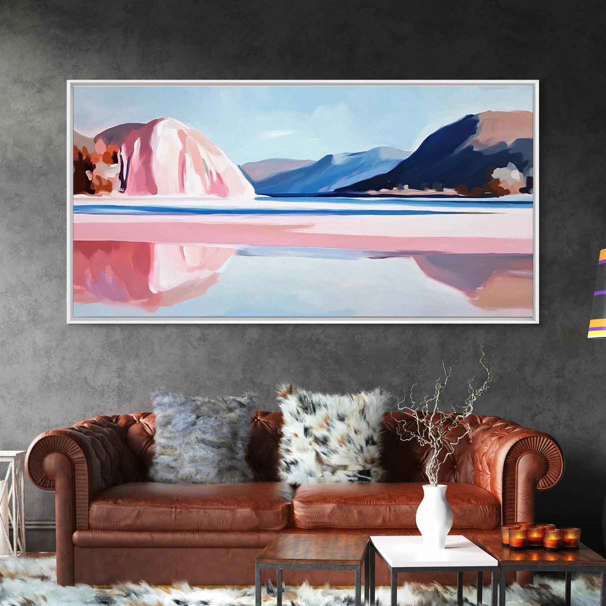 Lake Mountains, Reflections, Canvas Print, landscape art, nature painting, boho wall decor, peaceful mountain view, contemporary scenery