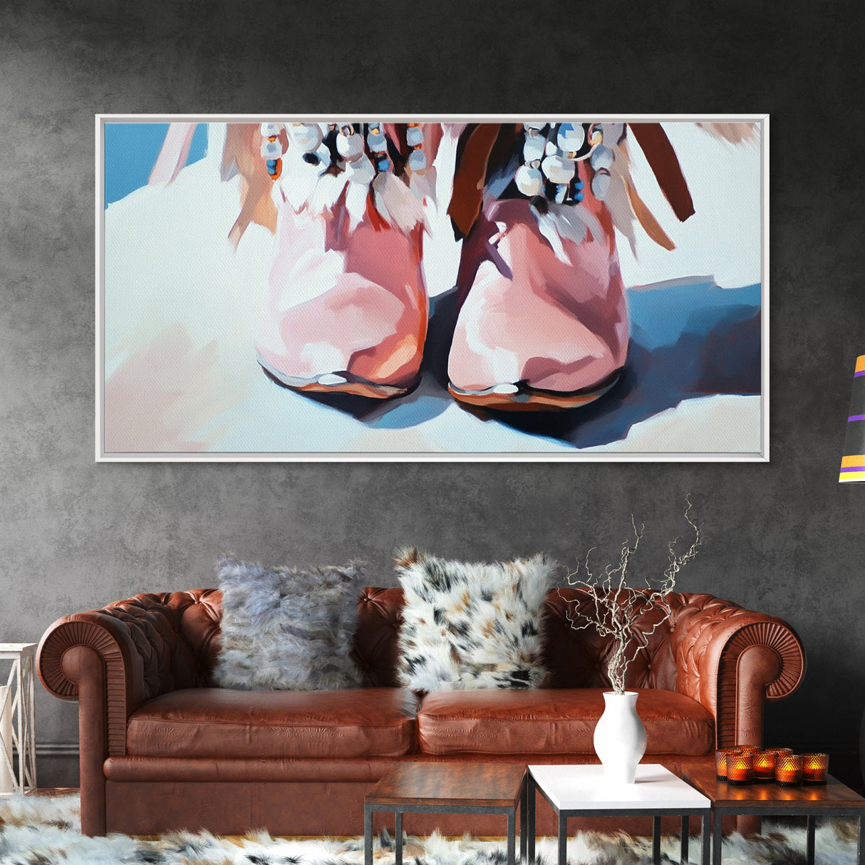 Boho Boots, Western Fashion, Beaded Cowboy Style, Rustic Aesthetic, Country Chic Decor, Modern Americana Art, Bedroom Wall Art