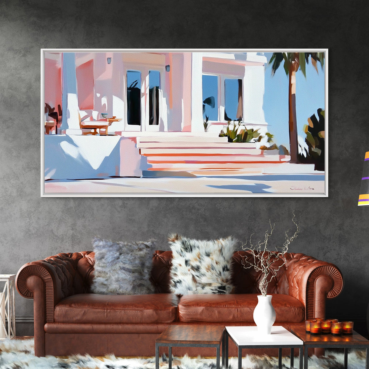 Palm Villa, Tropical House, Beach Home, Coastal Living, Pink Wall Art, Modern Architecture, Vacation House, Minimalist, Canvas Print