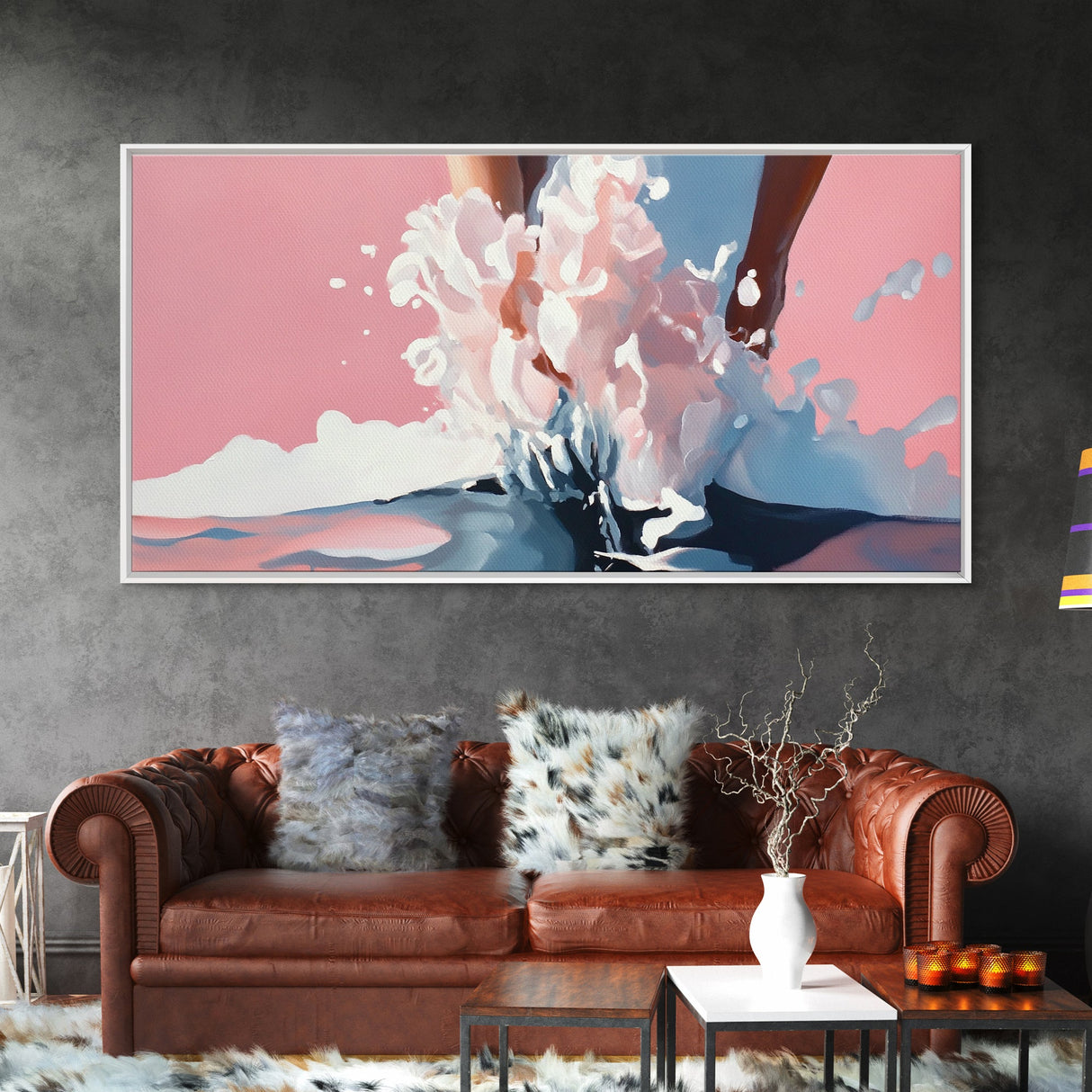 Splashing Water, Abstract Ocean Art, Pink Blue Aesthetic, Coastal Wall Decor, Modern Minimalist, Living Room Art, Canvas Print