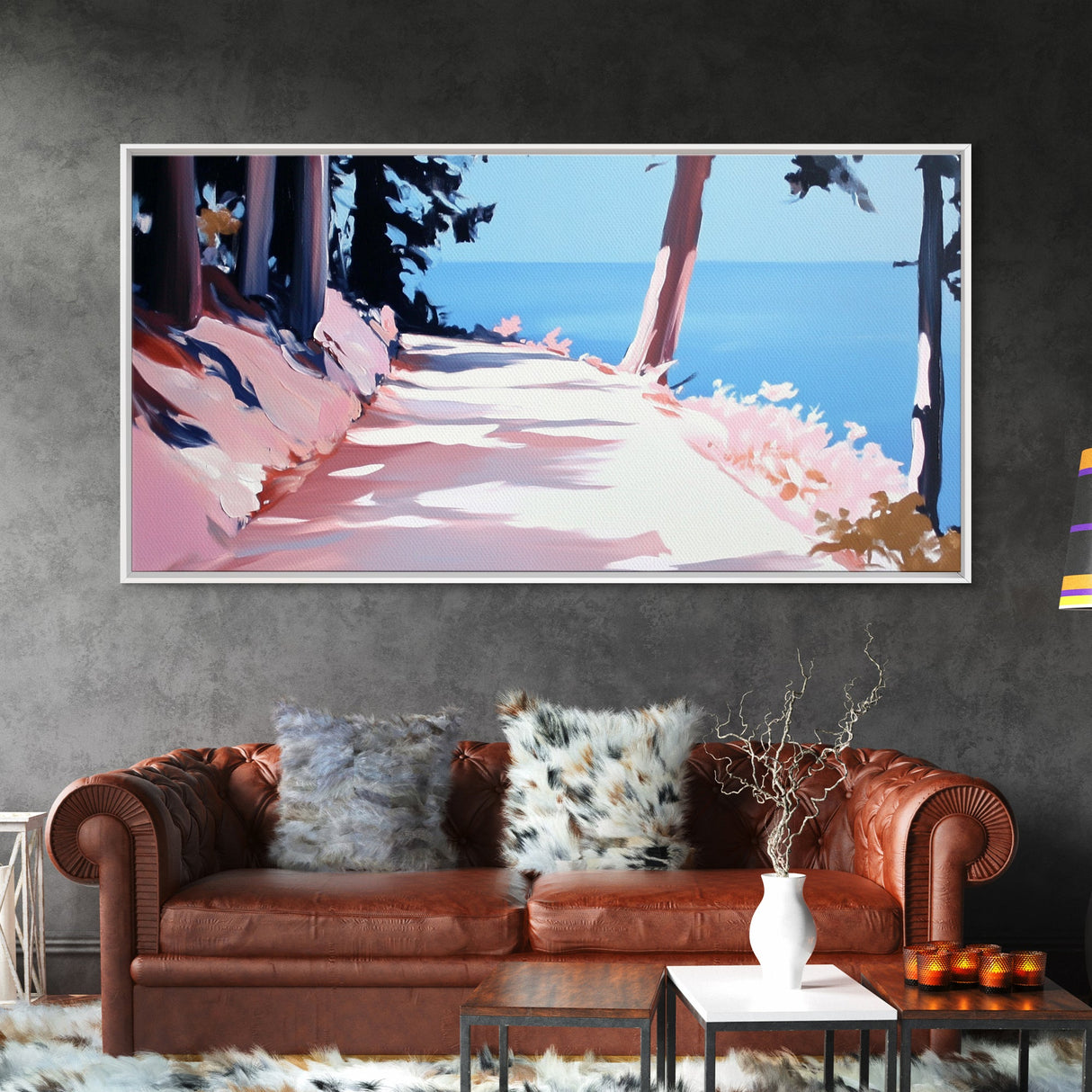 Sunlit Pathway, Serene Nature Art, Forest Trail Print, Pink Blue Landscape, Scenic Wall Decor, Calm Aesthetic Home, Framed Canvas Print