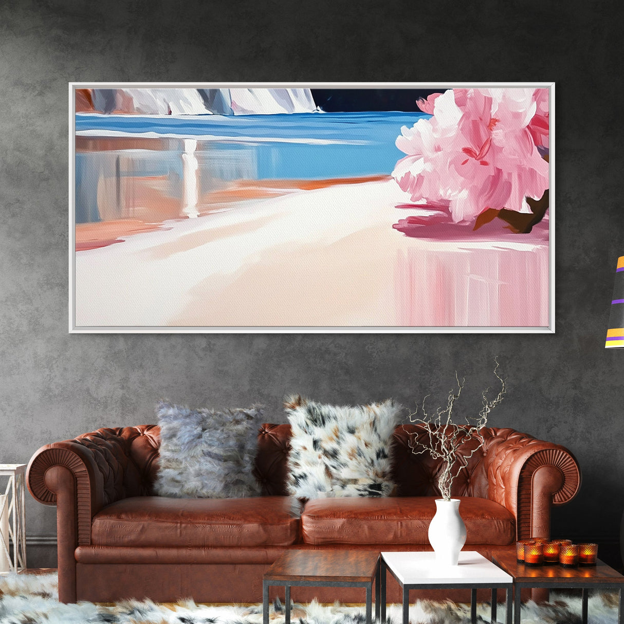Pink Blossom, Coastal Wall Art, Living Room Decor, Framed Canvas Print, Modern Beach Painting, Pastel Home Decor, Seaside Art