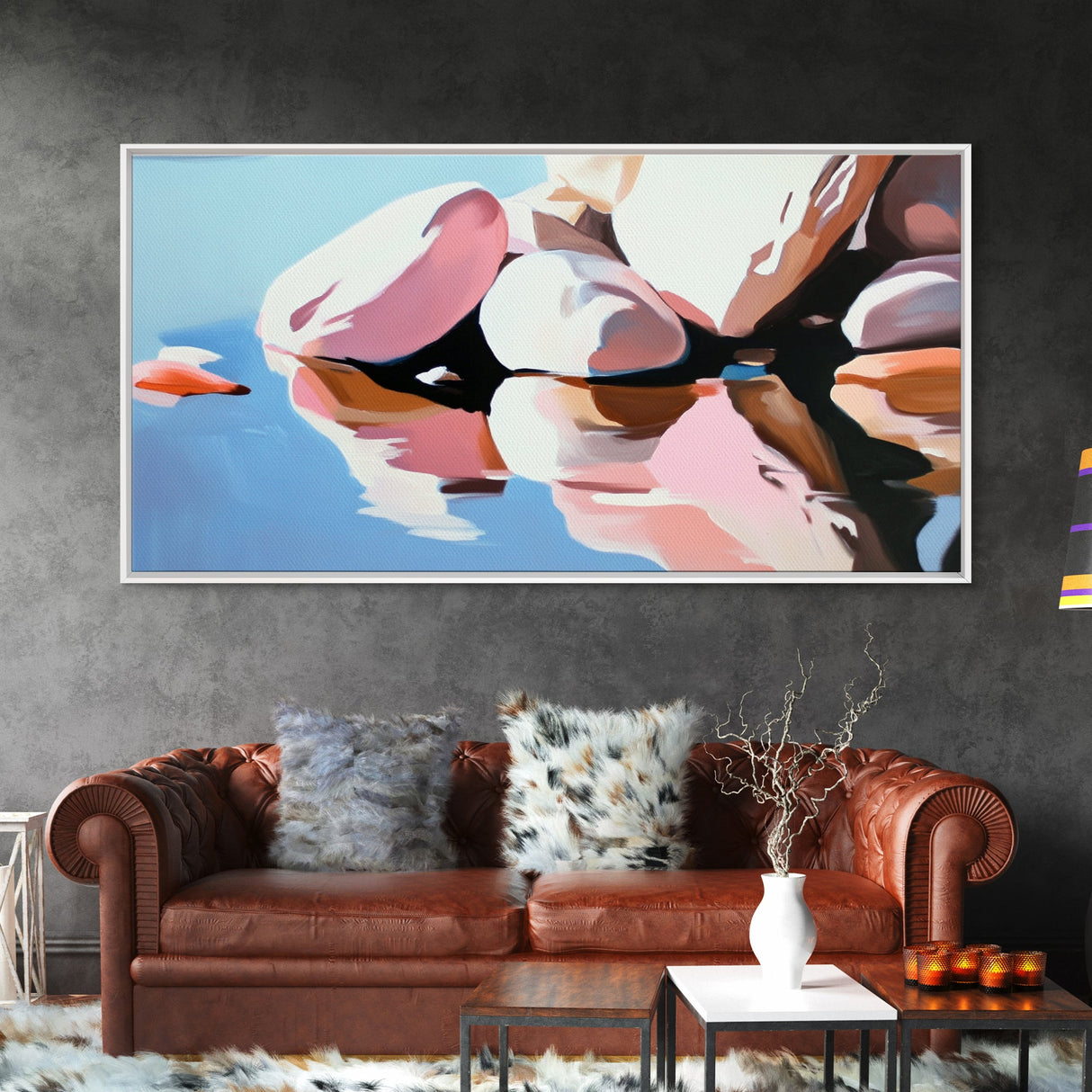 River Rocks, Reflections, Framed Canvas Print, Minimalist Nature Art, Abstract Water Scene, Earthy Wall Art, Modern Decor, Living Room