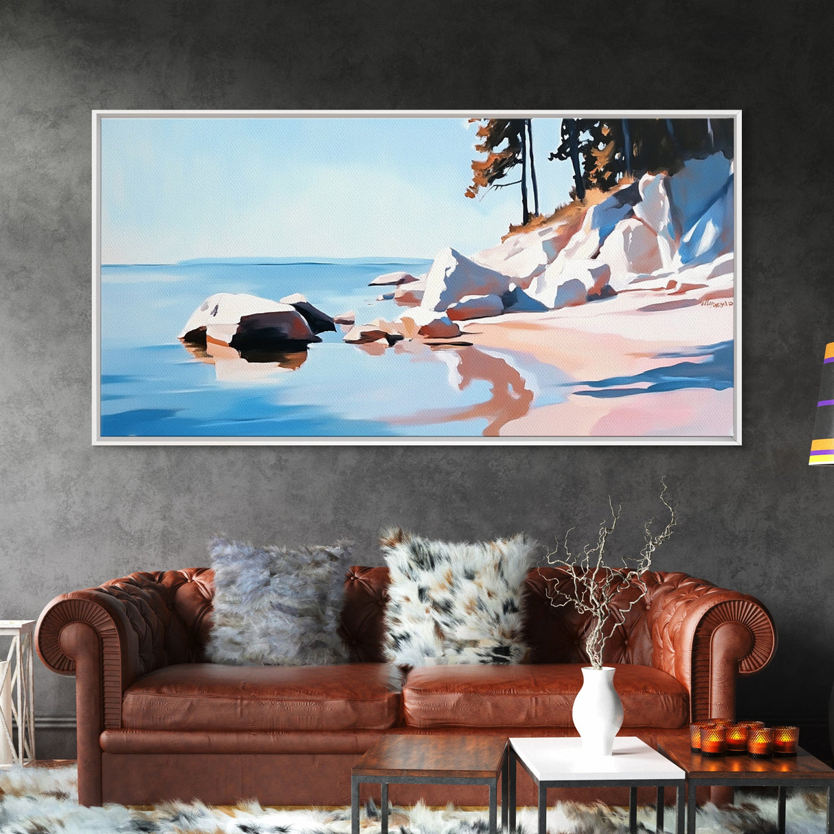 Seaside Escape, Cliffside Beauty, Canvas Print, Modern Coastal Art, Boho Nature Painting, Blue Ocean Decor, Large Wall Art, Living Room